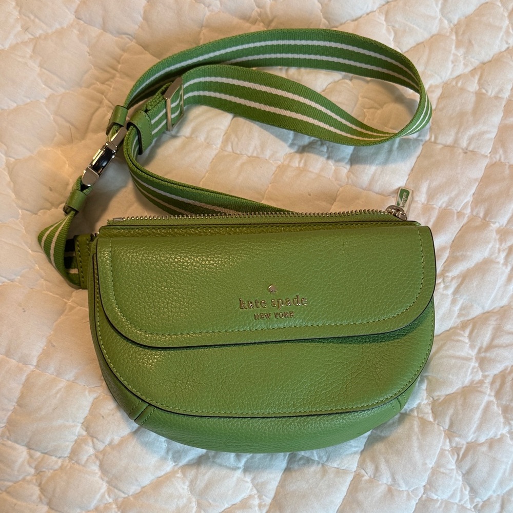 kate spade Lime Green Pebbled Leather Fanny Pack with Striped Strap